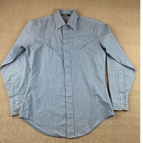 Vintage Levis Western Snap Shirt Mens M Light Blue Chambray Pearl Snaps - Picture 1 of 10
